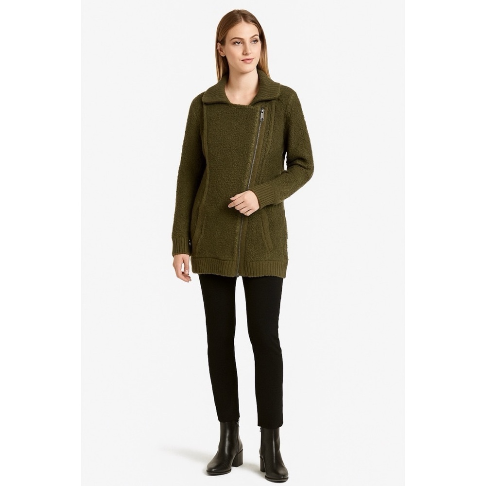 Free People Longline Wool Textured Olive Green Moto Long Knit Cardigan Jacket S